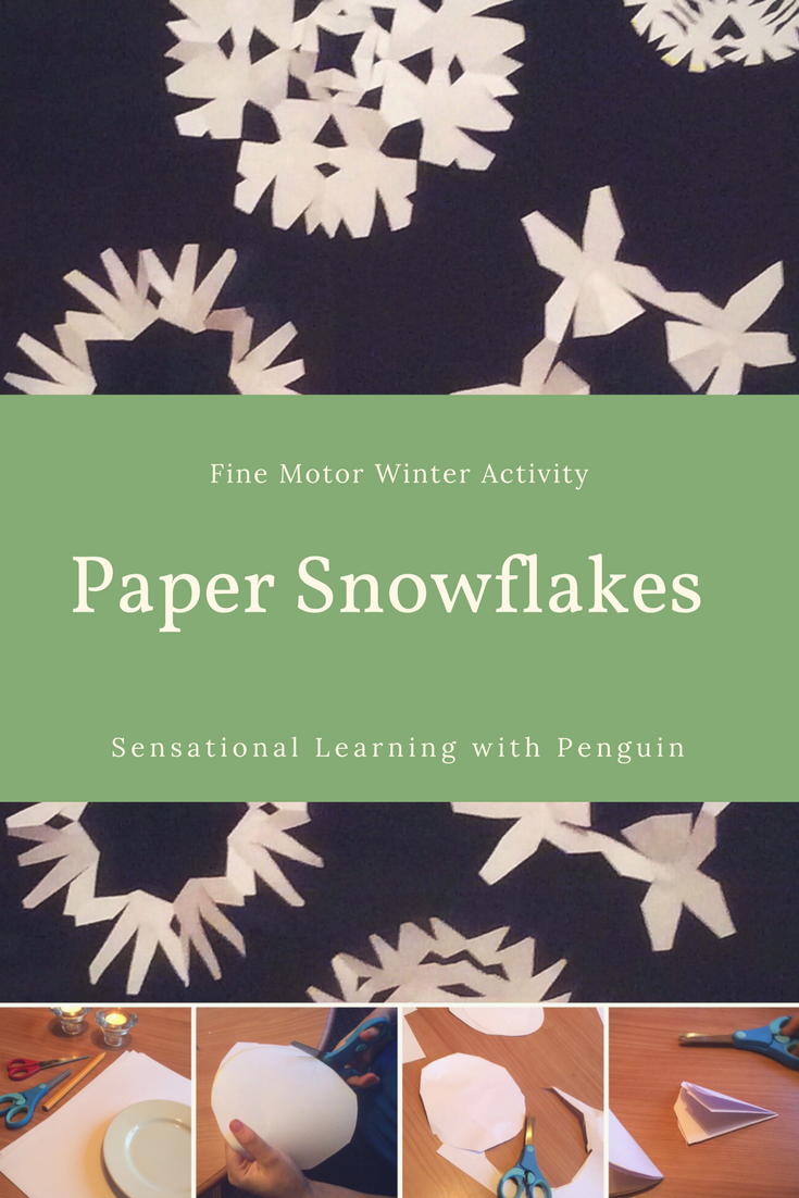 Making paper snowflakes is a great activity for practising scissor skills and bilateral coordination. And they make lovely window decorations, too!
