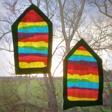 Magic Rainbow Suncatcher Craft - We made these Waldorf inspired Window Transparencies using Tissue Paper in 3 Primary Colours. A Project involving Fine Motor Skills, Hand-Eye Coordination, Scissor Skills, Colour Theory - and fun!